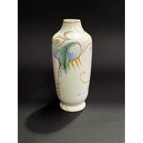 5 - Gouda Art Nouveau pottery cylinder vase, hand painted with trailing flowers and bird, approx 21cm H