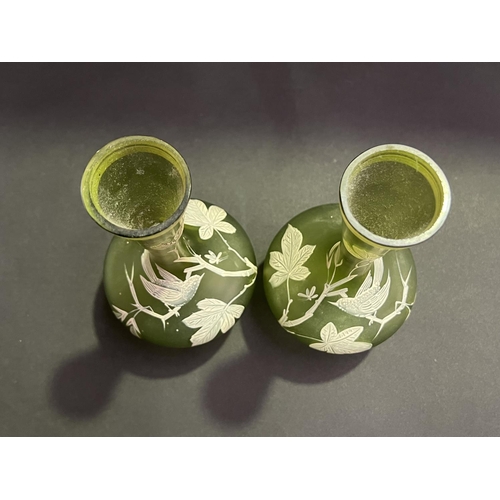 6 - Pair of antique green glass bottle vases, raised enamel decoration, each approx 21cm H (2)