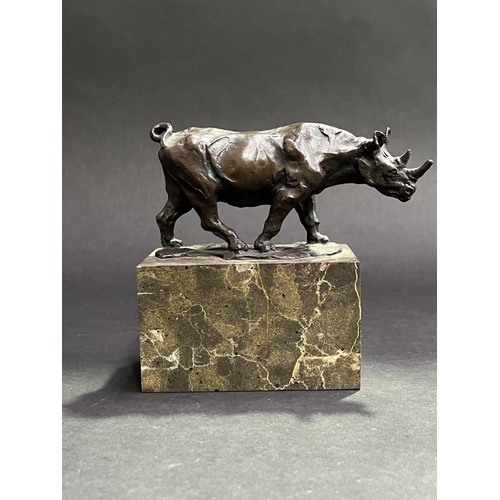 56 - Bronze Rhinoceros on marble base signed Bowee???, approx 15cm H including base x 12cm W