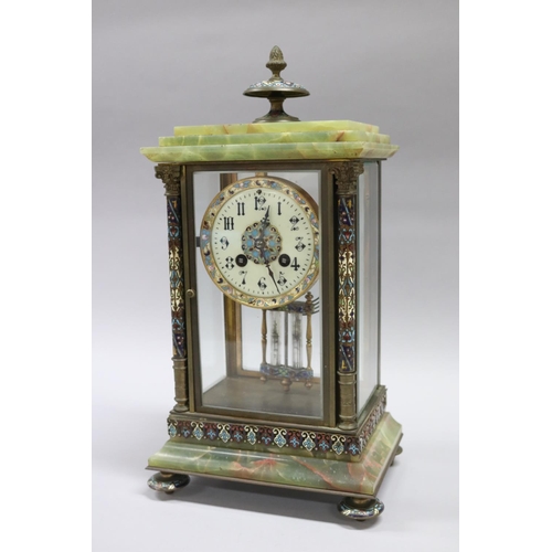 34 - Antique French green onyx and champlevé enamel glass cased clock, unknown working condition, has key... 
