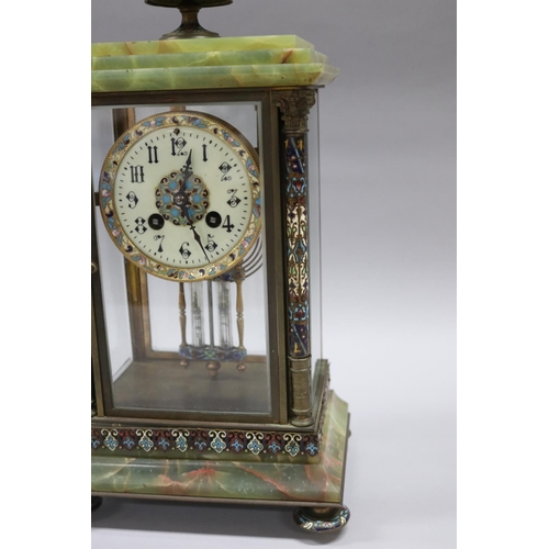 34 - Antique French green onyx and champlevé enamel glass cased clock, unknown working condition, has key... 