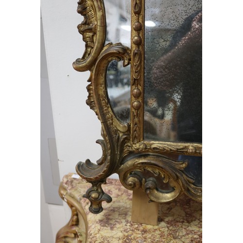 13 - Antique French Rococo inspired gilt wood salon mirror, elaborate scrolling crest, makers stamp verso... 