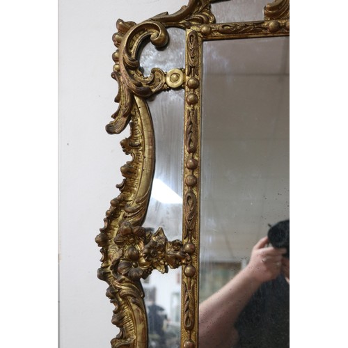13 - Antique French Rococo inspired gilt wood salon mirror, elaborate scrolling crest, makers stamp verso... 