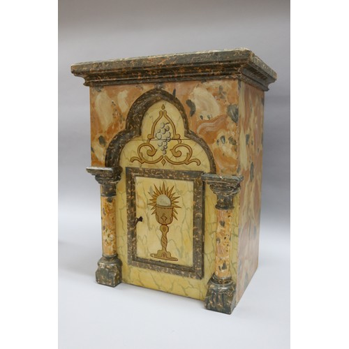 17 - Antique French painted wood Church Tabernacle, with single door with key, approx 53cm H x 41cm W x 3... 