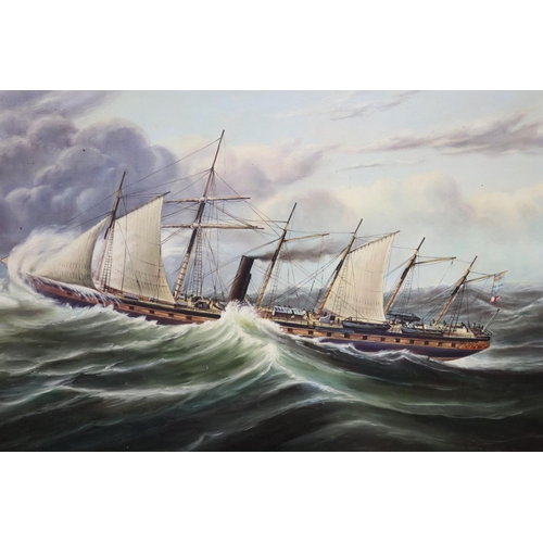 40 - Unknown, English school, Naval ship, steam and sail, in high seas, oil on canvas, approx 60cm x 91cm