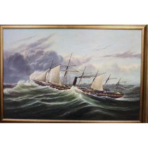40 - Unknown, English school, Naval ship, steam and sail, in high seas, oil on canvas, approx 60cm x 91cm
