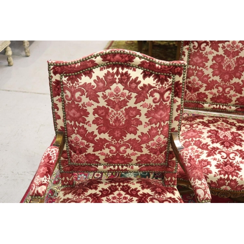 33 - Set of four antique French Louis XV revival carved walnut arm chairs, each with studded upholstery (... 