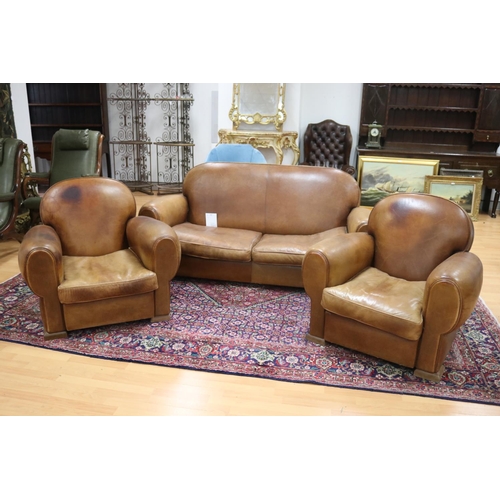 32 - Vintage French three piece lounge suite, brown leather upholstery (3)