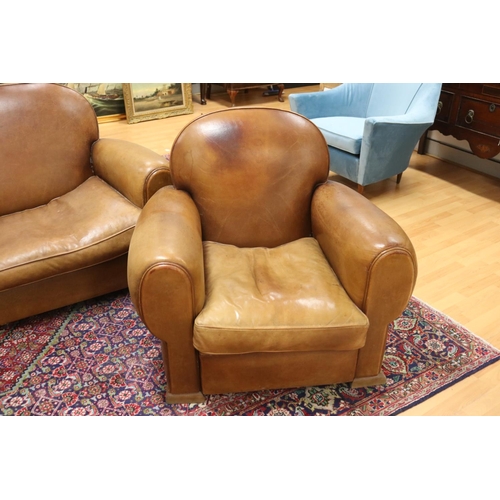 32 - Vintage French three piece lounge suite, brown leather upholstery (3)