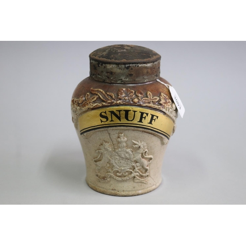 3003 - Antique pottery Snuff lidded pot, with applied Royal coat of arms, later painted label, approx 19cm ... 
