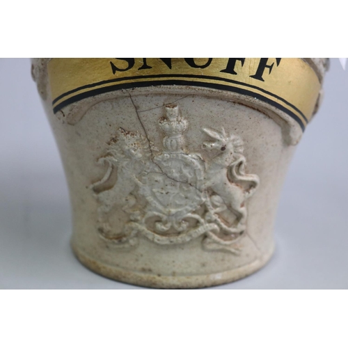 3003 - Antique pottery Snuff lidded pot, with applied Royal coat of arms, later painted label, approx 19cm ... 
