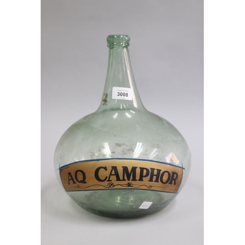 3008 - Antique green onion bottle, AQ Camphor, showing remnants of original label, and new applied, approx ... 