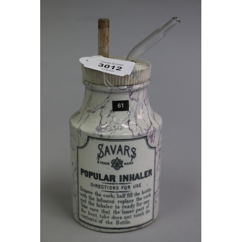 3012 - Antique marble design Savars popular inhaler, approx 19cm H