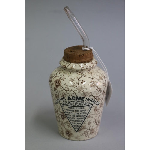 3014 - Antique brown and white Hockin's ACME inhaler, approx 20cm H