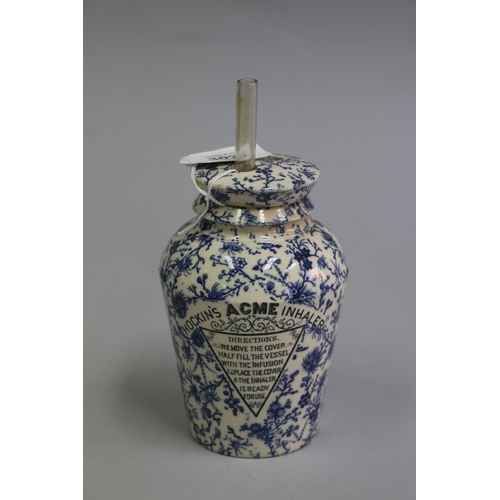 3024 - Antique blue and white Hockin's ACME inhaler, approx 18cm H