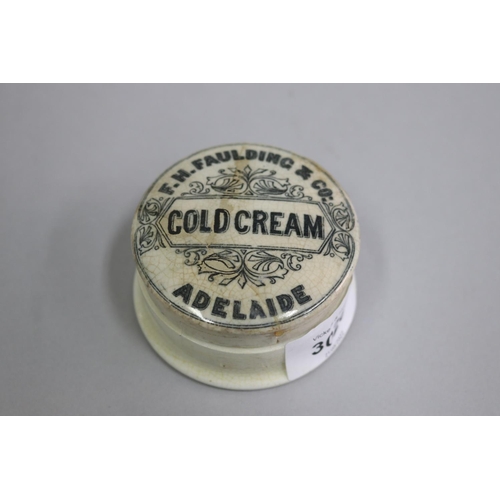 3026 - Antique Australian Cold Cream lidded pot, F.H Fauldings and Co, Adelaide, approx 4cm H x 7cm Dia