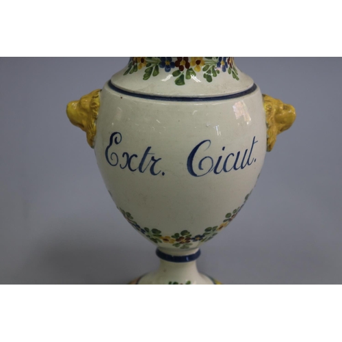 3028 - Antique faience drug jar with lion mask handles, EXTR. Cicut, approx 19cm H