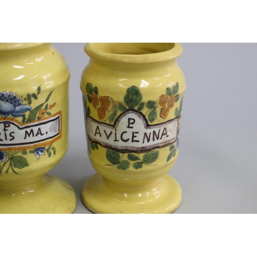 3034 - Three yellow glazed terracotta jars , P AVICENNA, P TURIS MA and P. SCALIG, approx 15cm H and shorte... 