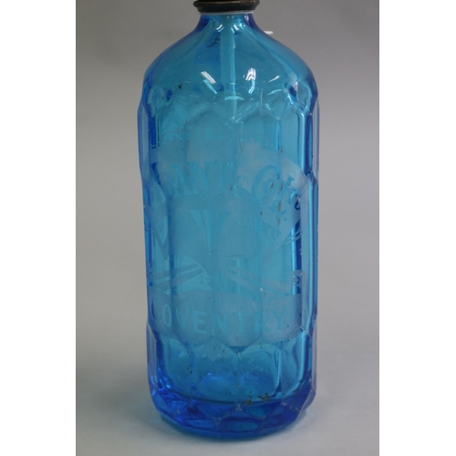 3040 - Antique English  blue glass soda siphon, W.Lants & Co Ltd, Coventry, approx 33cm H