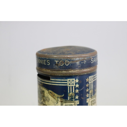 3047 - Brasmic Shaving stick,  Saving Tin money box, approx 12cm H