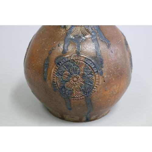 3053 - Antique embossed Ballermine bottle with handle, approx 23cm H
