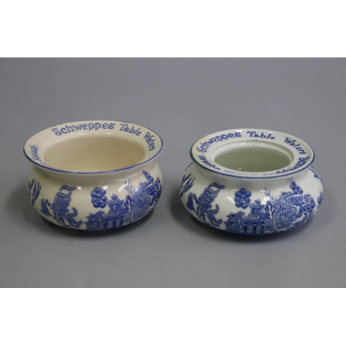 3054 - Two Schweppes advertising pots 1 a/f, both decorated with blue willow pattern Schweppes Lemon Squash... 