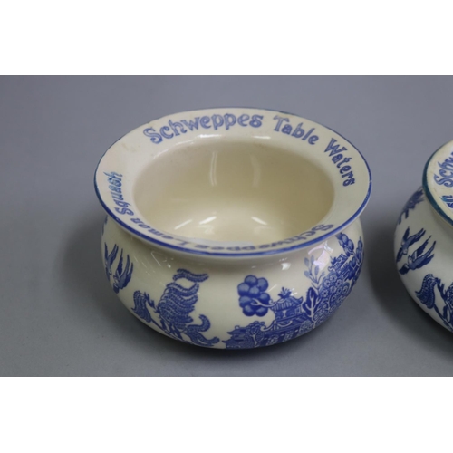 3054 - Two Schweppes advertising pots 1 a/f, both decorated with blue willow pattern Schweppes Lemon Squash... 