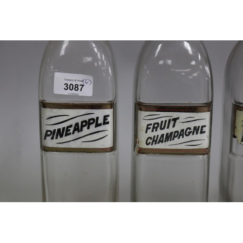 3087 - Six antique American drug store soda bottles, Pineapple, Strawberry, Lemon squash,  Lime Juice Fruit... 