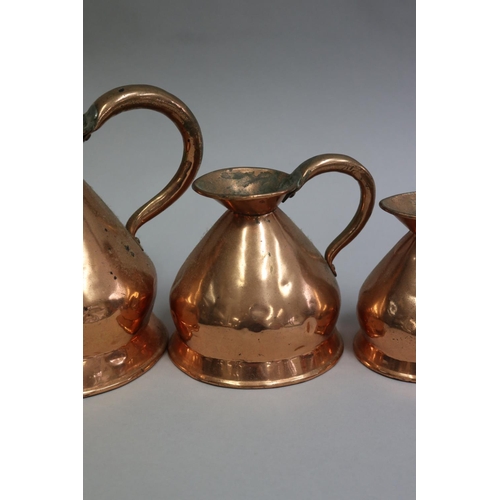 3088 - Set of five English copper haystack measures, approx 32cm H and smaller