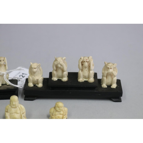 3121 - Assortment of carved bone and ivory miniature figures, approx 5cm H including stand and shorter