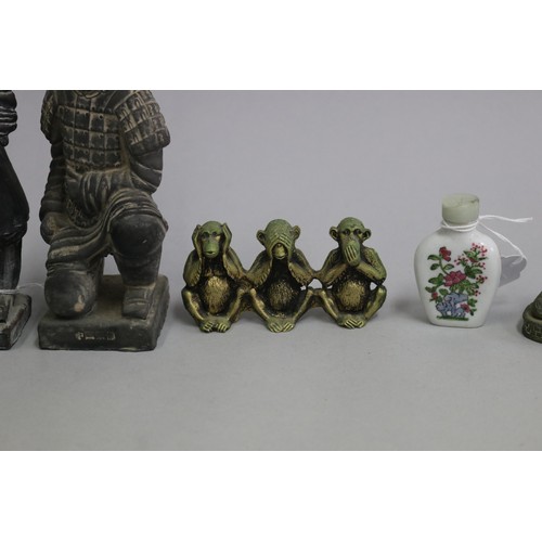 3128 - Selection of Oriental items, figures, snuff bottle, buddhas and monkeys, approx 22cm H and smaller