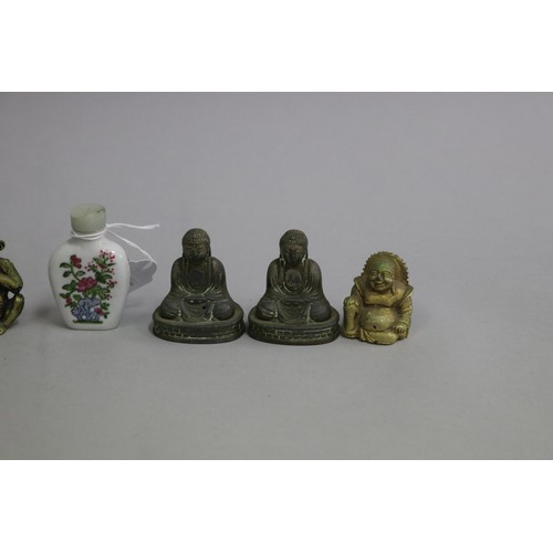3128 - Selection of Oriental items, figures, snuff bottle, buddhas and monkeys, approx 22cm H and smaller