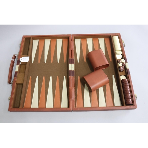 3218 - Cased backgammon set, case approx 6cm H x 38cm W x 25cm D