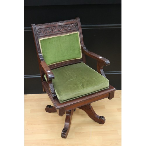 3203 - Antique early 20th century swivel office chair, with carved back