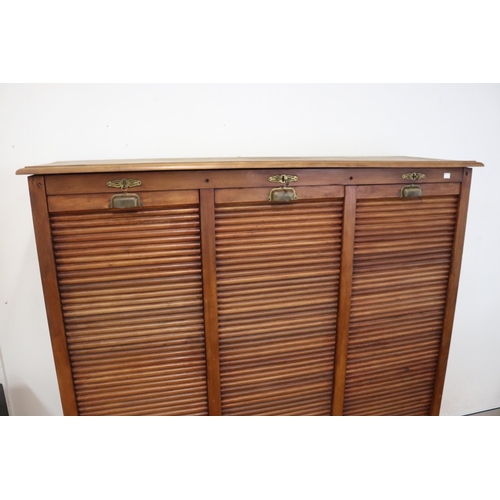 3177 - Antique three door tambour filing cabinet, approx 158cm H x 140cm W x 42cm D