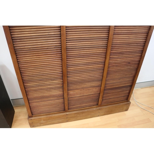 3177 - Antique three door tambour filing cabinet, approx 158cm H x 140cm W x 42cm D
