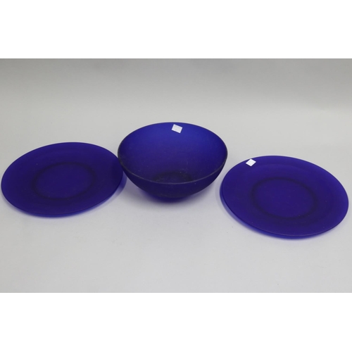 3234 - Two blue glass plates and a salad bowl, approx 30cm Dia and smaller (3)