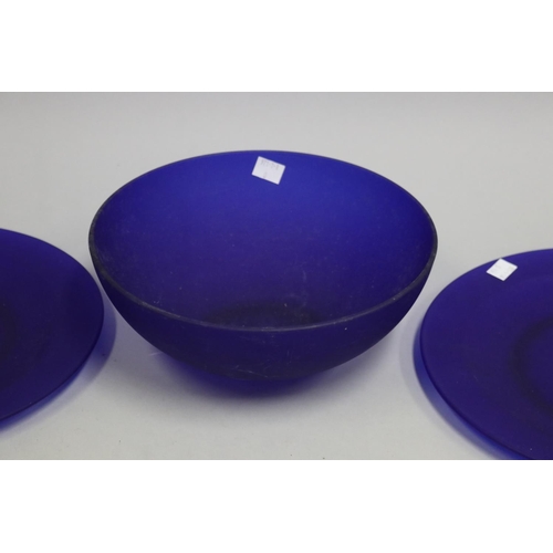 3234 - Two blue glass plates and a salad bowl, approx 30cm Dia and smaller (3)