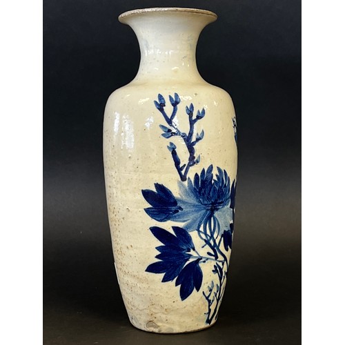 5 - Antique Japanese pottery blue and white flared rim vase, 23.5 cm high
