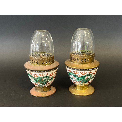 7 - Pair of antique Chinese opium lights, each with porcelain bowls and brass fittings, each approx 14cm... 