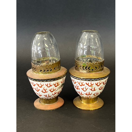 7 - Pair of antique Chinese opium lights, each with porcelain bowls and brass fittings, each approx 14cm... 