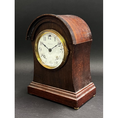24 - Antique American Ansonia mantle clock, with pendulum and key, unknown working order, approx 26cm H x... 