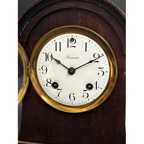 24 - Antique American Ansonia mantle clock, with pendulum and key, unknown working order, approx 26cm H x... 