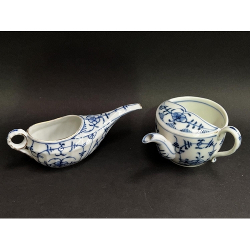 38 - Two blue and white invalid feeders, approx 8cm H and smaller (2)