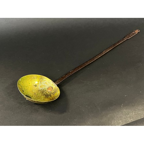 47 - Antique early likely 17th century forged iron and brass bowl ladle, approx 49cm L