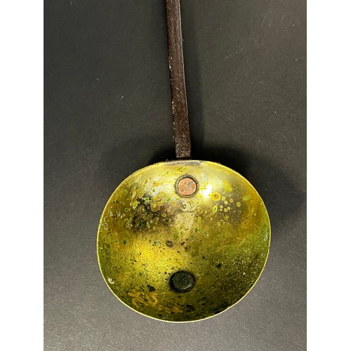 47 - Antique early likely 17th century forged iron and brass bowl ladle, approx 49cm L