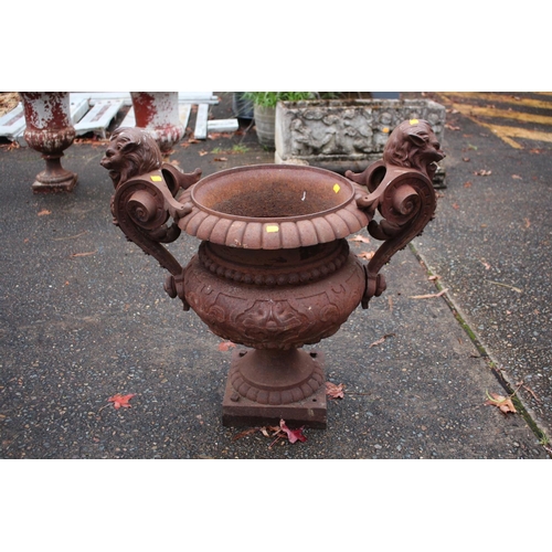 Large antique French twin handled garden urn with lion term handles, approx 78cm H x 82cm W