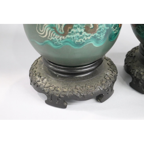 1 - Pair of antique Chinese green lacquer papier mache parlour vases on stands, each approx 34cm H inclu... 