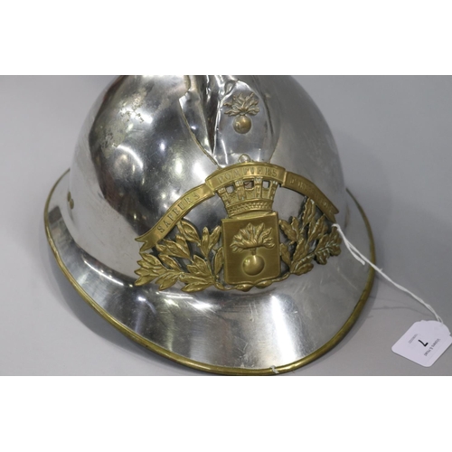 7 - Good quality chromed metal and leather French fireman's helmet, with chin strap and inner lining, Se... 