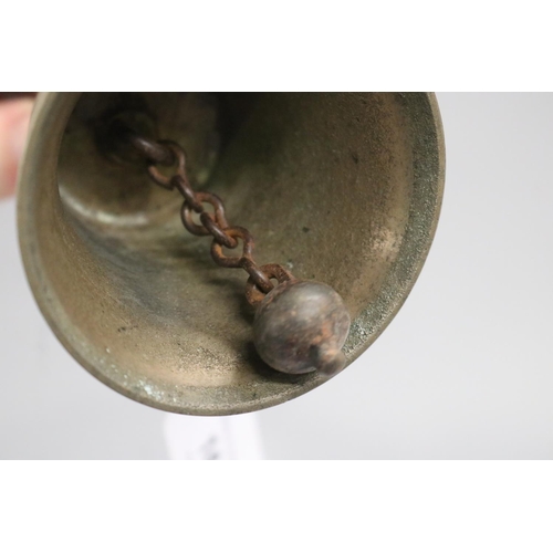 16 - Brass and wood handled bell, approx 18cm H